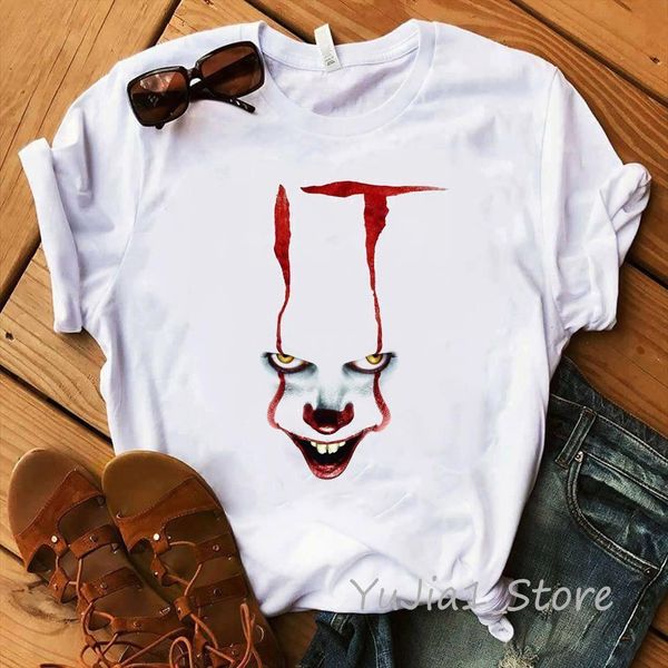 

funny it movie t-shirt femme 2019 summer stephen king printed tshirt clown custom halloween pennywise t shirt women tee, White
