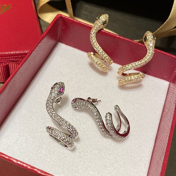 

diamond zirconia stylish animal snake earrings designer fashion stud earrings jewelry for woman girls gifts silver post with box, Golden;silver