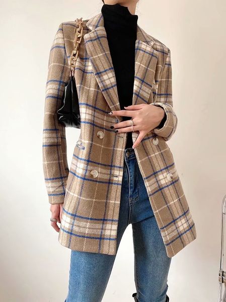 

2021 new womens plaid wool blend notched lapel double breasted blazer suit jacket k17l, Black