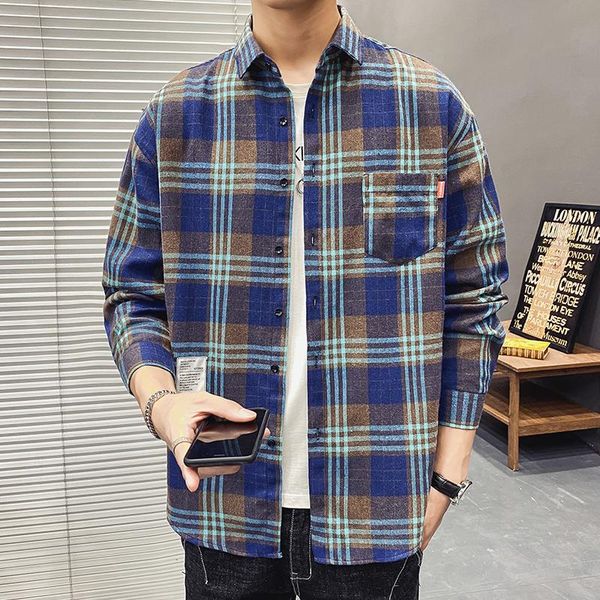 

streetwear social shirts men cotton blouses male fashion autumn long sleeve plaid casual shirt, White;black