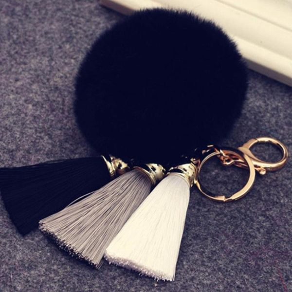 

key fancy&fantasy 100% real ball plush fur chain pom with 3 fancy tassel pompom car bag keychain zktpp, Silver