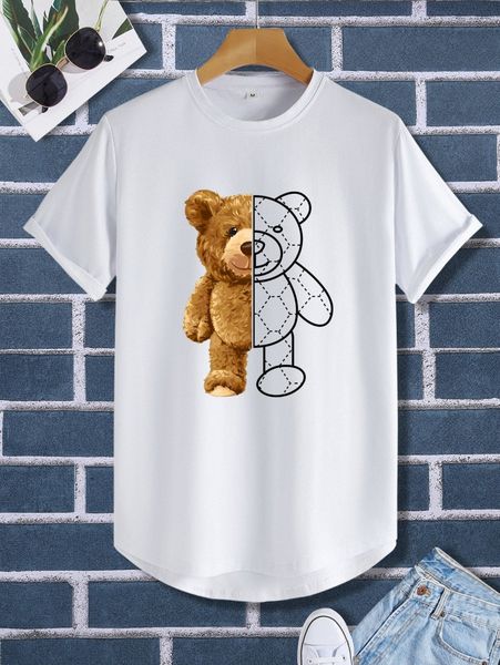 

men bear print high low hem tee 92r2#, White;black