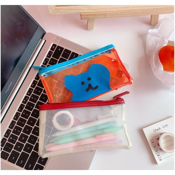 

утолщение прозрачного красного синего медведя карандаш pvc полиэтиленовый пакет студент канцтовары коробки для хранения путешествия сумка дл