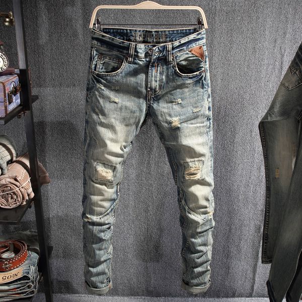 

2021 new italian style fashion retro wash slim fit ripped men spliced designer denim pants streetwear hip hop jeans homme cet2, Blue