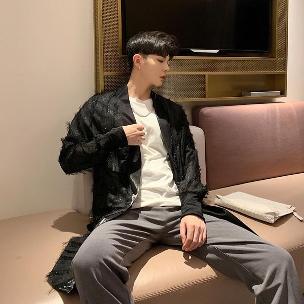 

men's casual shirts male streetwear hip hop gothic black cardigan robe coat men shining translucent long sleeve loose sunscreen shirt, White;black