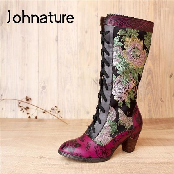 

johnature women boots 2020 new autumn winter shoes genuine leather embroidery cloth mixed colors zip handmade platform boots1, Black