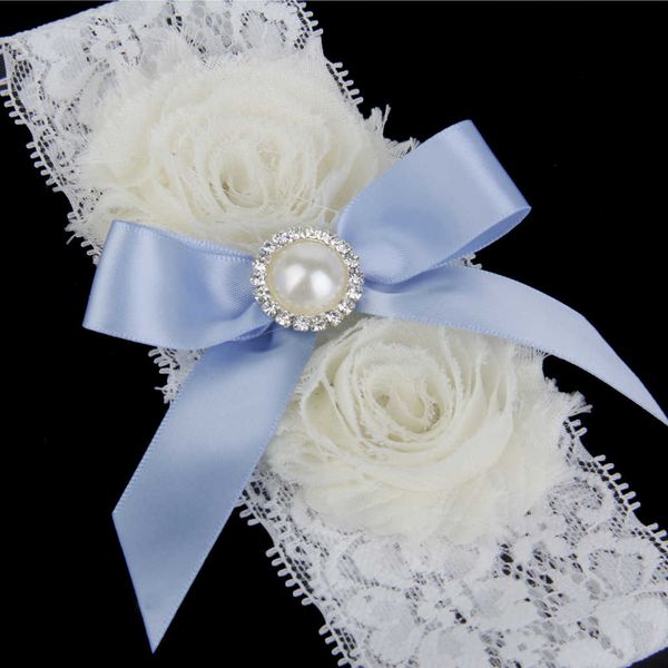 

crystal & blue bow flower white elastic lace wedding bridal toss garter, Black;white