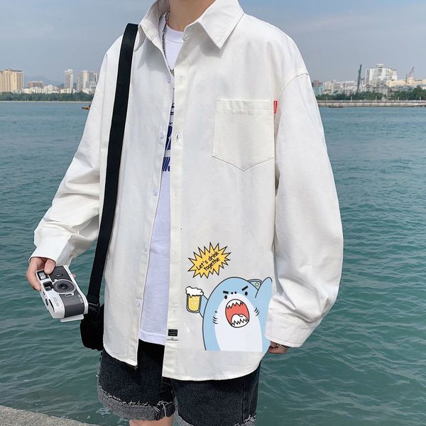 

new men's long sleeve fashion shirt shark graphic printed shirts 2021 japanese style male blouse clothing v8cc, Black