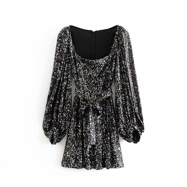 

2021 new bright black was collecting sequins dress party attire above the knee square collar female long sleeve 9qi5, Black;gray
