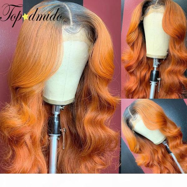 

dmido 13x6 orange ombercolor human lace front wigs pre plucked brazilian ramy hair body wace lace front wig natural hairline, Black;brown