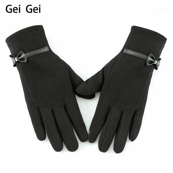 

women' winter new fashion flannel gloves simple solid color bow plus velvet touch screen warm gloves girls five-finger1, Blue;gray