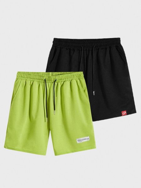 

men 2pcs drawstring waist patch detail shorts s0uq#, Black