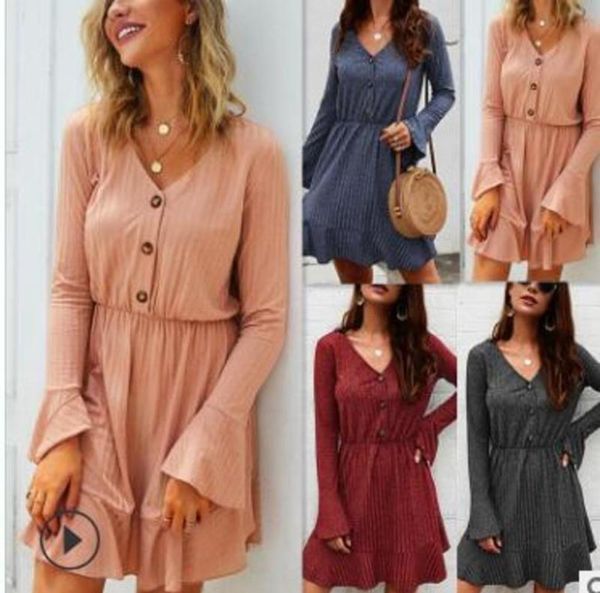 

fall solid winter 2019 color new fashion long sleeve v-neck drs, Black;gray