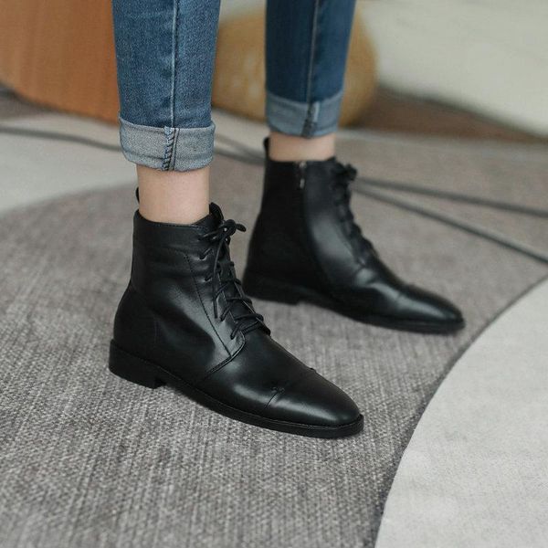 

boots autumn winter genuine leather women with low lace-up women's shoes, Black