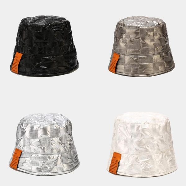 

wide brim hats women faux leather dome bucket hat shiny plaid solid color panama fisherman cap 28gd, Blue;gray