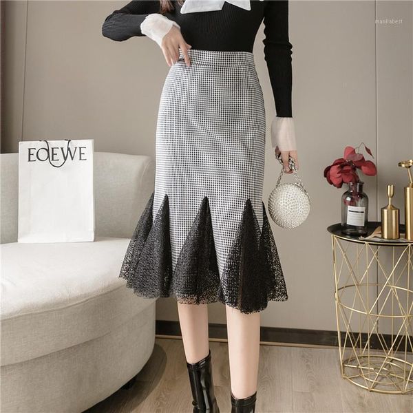 

spring 2021 trends wrap arm lace splicing pencil vintage houndstooth flared skirt faldas mujer moda long skirts for women1, Black