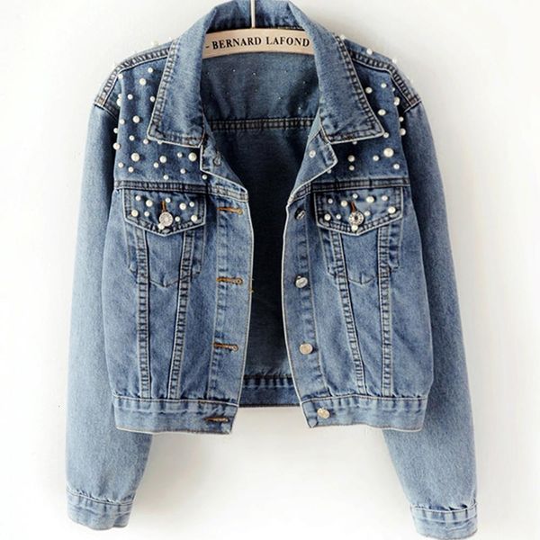 

2020 vintage pearl beading short denim jackets women blue wash long sleeve casual jean jacket bomber plus size denim coat, Black;brown