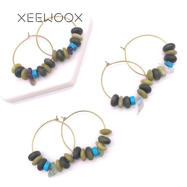 

hoop & huggie colorful natural stone crystal earring woman statement xeewoox 2021 fashion anniversary design party gift, Golden;silver