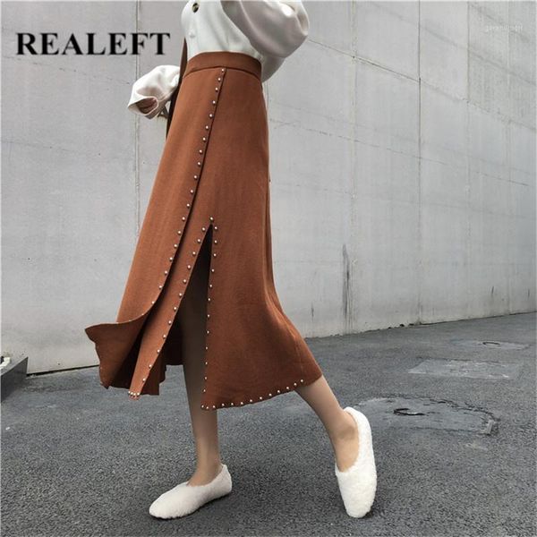 

realeft autumn winter rivet knitted long skirts front split vintage a-line skirt korean style high waist streetwear knit skirts1, Black