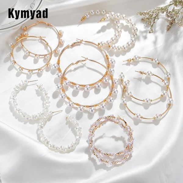 

kymyad gold color big hoop earrings for women simulated pearl jewelry earings fashion jewelry geometric round earrings, Golden;silver
