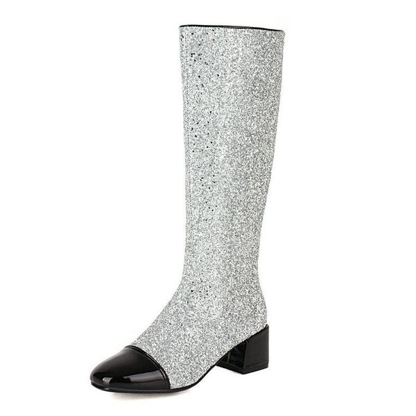 

boots women sequined cloth knee high fashion zipper square toe long comfort thick heel autumn winter girls, Black