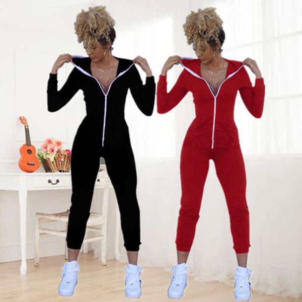 

color women's clothing autumn new solid tight zipper jumpsuit 7402, Black;gray