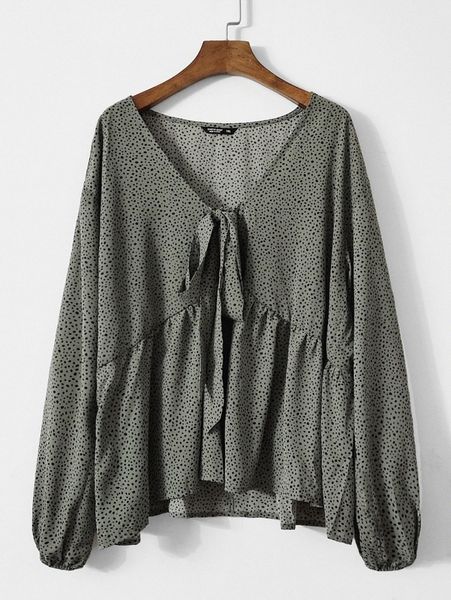 

plus confetti print tie front peplum blouse s58y#, Black