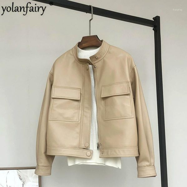 

2020 genuine leather jacket women sheepskin jacket women short fashion coat spring autumn pockets cuero genuino 926 pph3881, Black