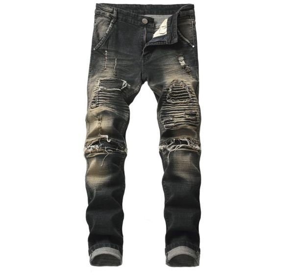 

men's fashion straight biker jeans male casual zipper ripped distressed denim pants black hole vintage trousers size 28-42, Blue