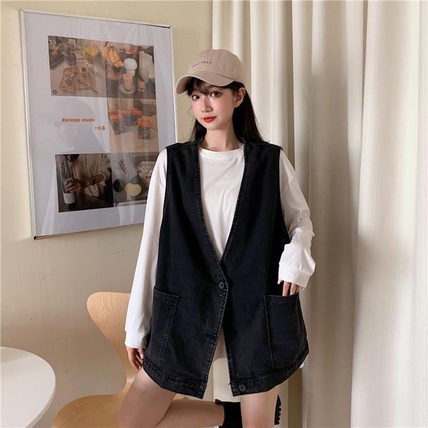 

women's vests 2021 loose v-neck all-match denim vest female student jacket sleeveless top, Black;white