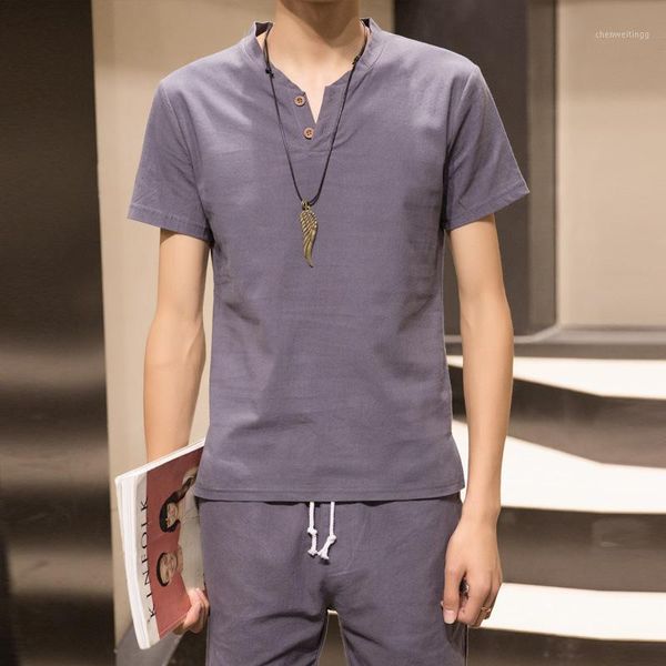 

summer men's casual cotton linen set fashion solid color slim fit youth short sleeved t-shirt shorts two-piece set men's1, White;black