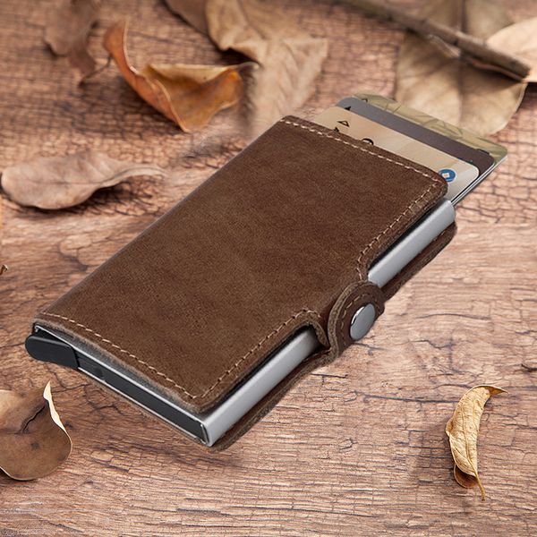 

2020 genuine leather credit card holder wallet men metal rfid blocking vintage aluminium bussiness bank cardholder case new, Brown;gray