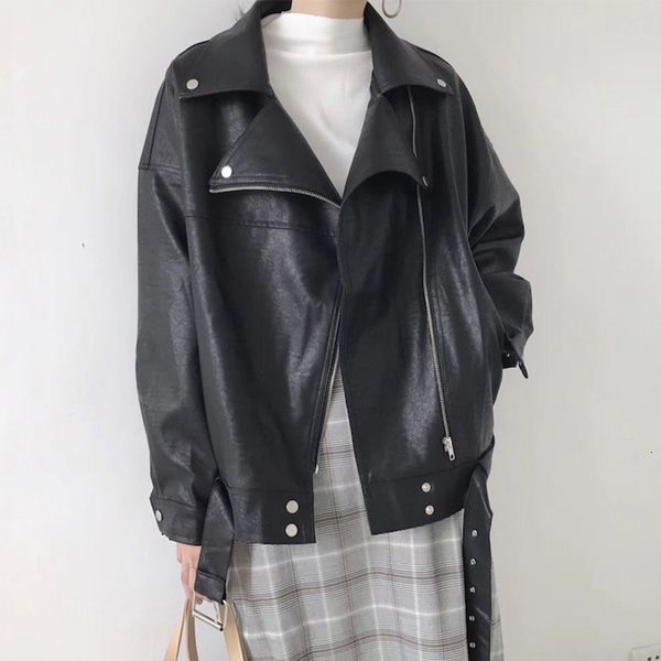 

2021 new black released women put on soft leather with female belt streetwear turn down collar jacket 538s