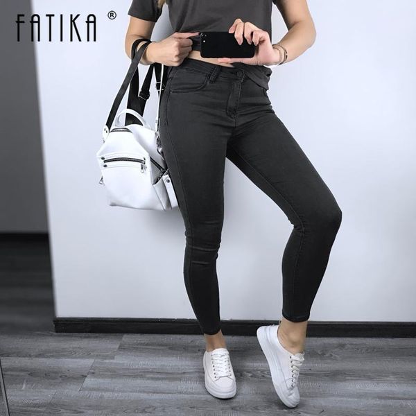 

fatika basic jeans vintage basic high waist stretched jeans femme women solid denim skinny classic pencil pants1, Black;white