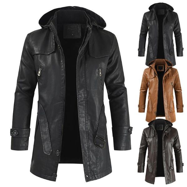 

mens leather jacket 2020 men's fashion hooded warm pu leather jackets casual motorcycle windbreaker coat outerwear male, Black;brown