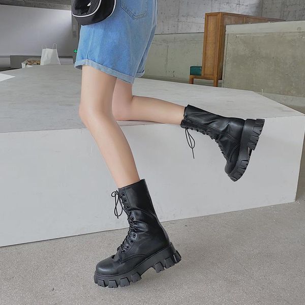 

lace up boots shoes round toe boots-women summer booties flat heel 2021 rock lolita fashion ladies, Black