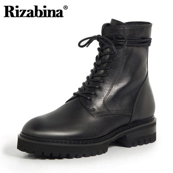 

boots rizabina genuine leather woman cross strap flat warm winter shoes women zipper office lady short footwear size 34-39, Black