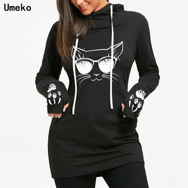 

umeko autumn fashion women's cotton o-neck long sleeve casual style sweatshirts cartoon cat print drawstring tunic hoodie lj201103, Black