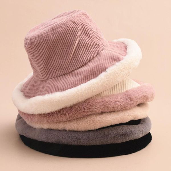 

2021 autumn winter bucket hats women corduroy panama hat thick warm plush fisherman cap for girl crimping basin hat, Blue;gray