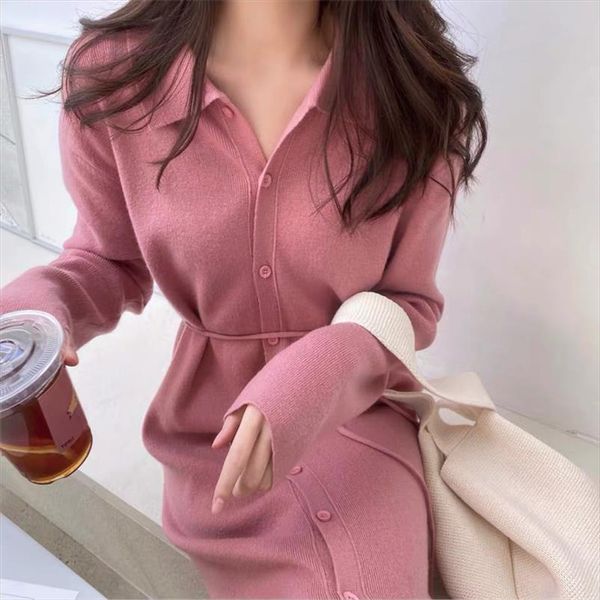 

sweater dress women single breasted turn down collar long sleeve sweater cardigan slim vintage korean party dress oversized w048, Black;gray