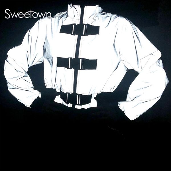 

new silver reflective bomber cropped jacket coats women zipper turtleneck long sleeve streetwear jackets with buckle 201210, Black;brown