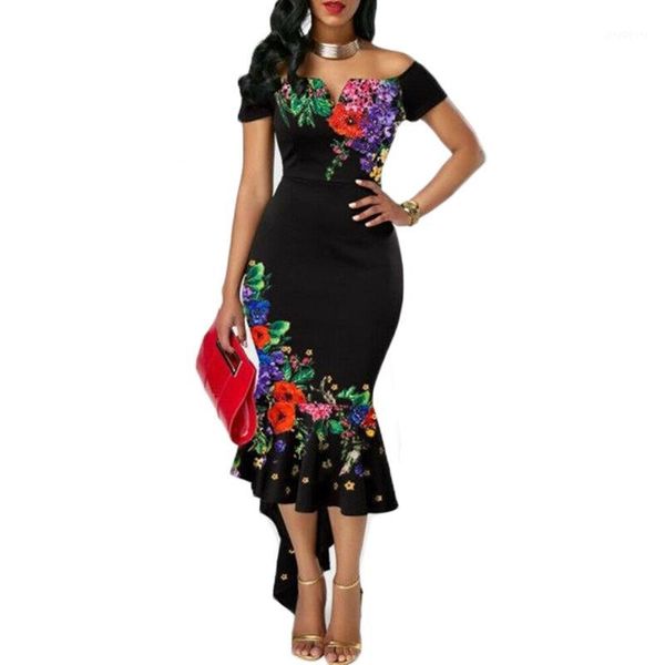

off shoulder flowers sundress arrival women lady short sleeve bodycon ruffle arrival clothes new print party irregular dress xxl1, Black;gray