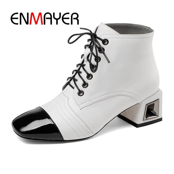 

enmayer moda mujer 2020 женская квадратная носок кружевной лодыжки ботинки квадратная каблука мода большой размер 34-43 женские сапоги, Black