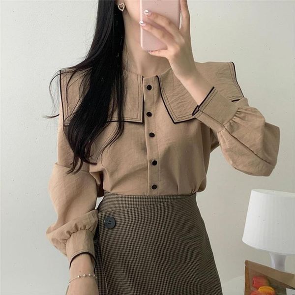 

khaki color hit leisure girls loose elegance shirts streetwear casual chic all match women vestido robe mujer, White