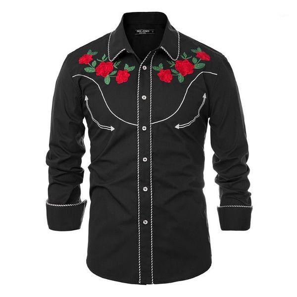 

jones embroidery shirt men casual embroidered rose western shirt long sleeve button down stylish floral shirts1, White;black