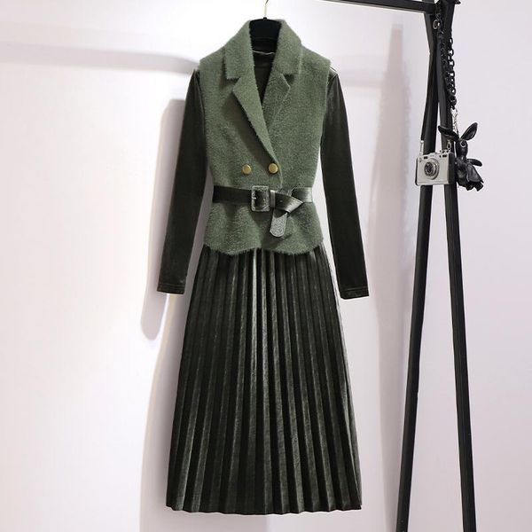 

2021 new autumn and winter cardigan wool two pieces of gold velvet, women's loose dress, waistcoat + dress assembly y459 rkc1, Gray