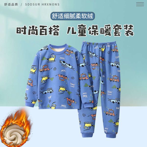

thickened plush children's warm with underwear set cloth and autumn trousers fchv, Blue;red