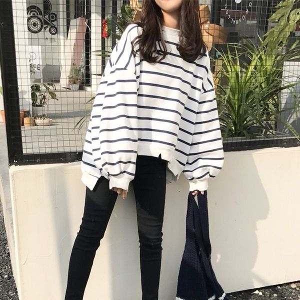 

2020 stripe t-shirt women's autumn korean version loose hole irregular round neck sleeve, White
