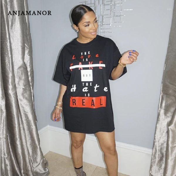 

anjamanor fashion letter slogan print teeshirt dress short summer dresses for women clothes casual loose t shirt d74-ac221, Black;gray