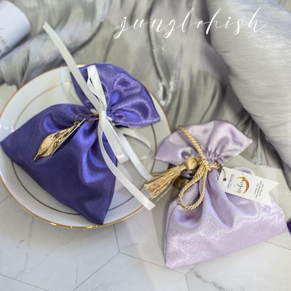 

gift wrap purple tie drawstring wedding banquet sugar box shiny cloth bag party favors decor candy jewelry storage bags 10pcs